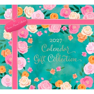 以下が含まれることがあります： Bonnie Marcus Collectionの2027年カレンダー。ピンク、ピーチ、白の花柄が描かれたターコイズブルーの背景。左側にはピンクのリボンとタグがあり、「Calendar Gift Collection」の文字がゴールドで書かれています。