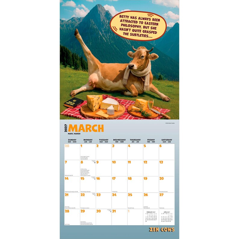Pode incluir: Um calend&aacute;rio de parede de mar&ccedil;o de 2027 com uma vaca castanho-clara com um cachecol bege num prado de montanha. Um bal&atilde;o de fala diz: BETTY HAS ALWAYS BEEN ATTRACTED TO EASTERN PHILOSOPHY, BUT SHE HASN'T QUITE GRASPED THE SUBTLETIES.... Queijo sobre um pano xadrez vermelho.