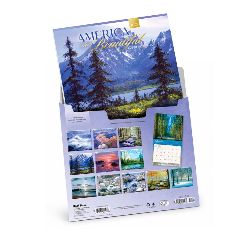 May include: A 2027 America the Beautiful wall calendar by Peter Ellenshaw featuring a landscape of mountains, pine trees, and a lake. The back cover displays twelve smaller monthly images of nature scenes, including forests, oceans, and snowy landscapes.