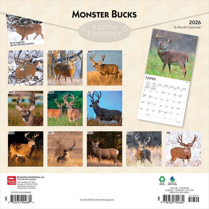 May include: A 2026 16-month calendar titled "Monster Bucks" featuring images of deer in various natural settings. The calendar includes a bonus image and is labeled as Earth Friendly.