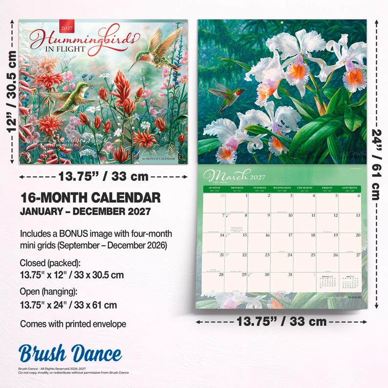 Hummingbirds 2027 13.75x24" (Hanging) Deluxe Wall Calendar | Artwork of Wanda Mumm and Beth Hoselton | Linen Envelope | Foil Stamped Cover bild 8
