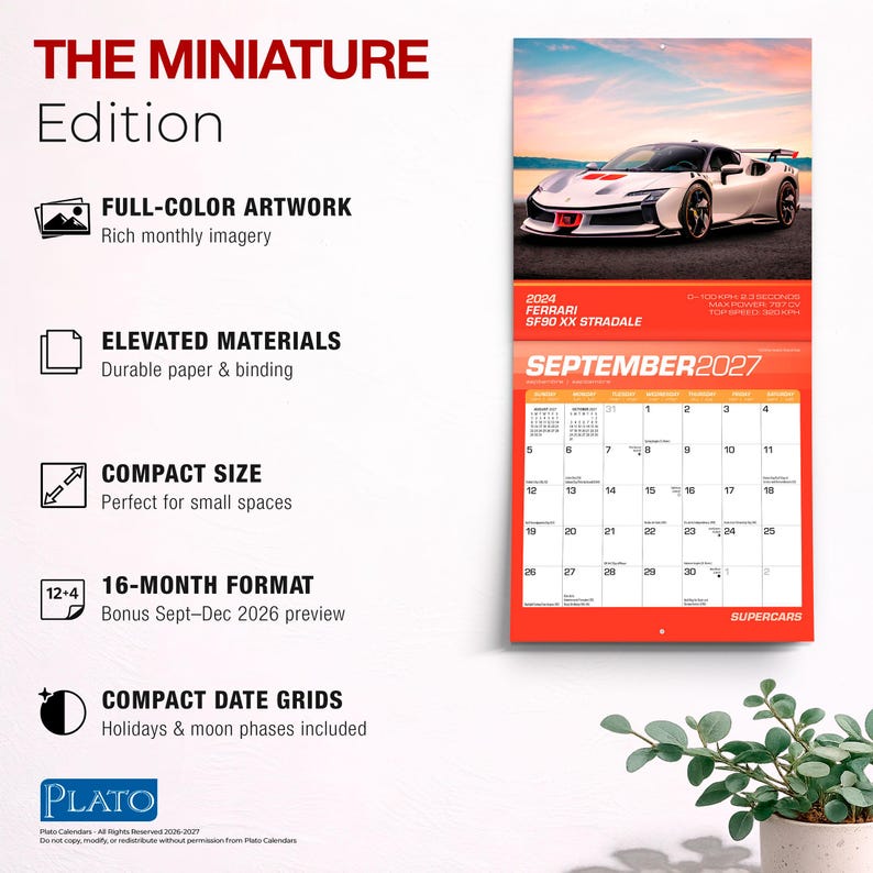 Puede incluir: Un calendario de pared titulado The Miniature Edition que muestra un Ferrari SF90 XX Stradale blanco en la p&aacute;gina de septiembre de 2027. El calendario incluye un formato de 16 meses, cuadr&iacute;culas de fechas compactas con festivos y fases lunares.