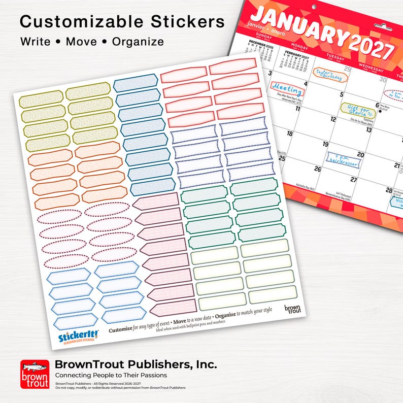 Puede incluir: Una hoja de pegatinas personalizables con diversas formas y colores, incluyendo dise&ntilde;os rectangulares, ovalados y en forma de flecha. Las pegatinas se muestran junto a un calendario de enero de 2027 con notas escritas a mano para organizar tareas.