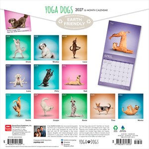 Puede incluir: Calendario Yoga Dogs 2027 de 16 meses, con perros en posturas de yoga. Cada mes muestra un perro diferente, con una imagen extra para septiembre-diciembre 2026. El calendario es ecol&oacute;gico y presenta el logo de Yoga Dogs.