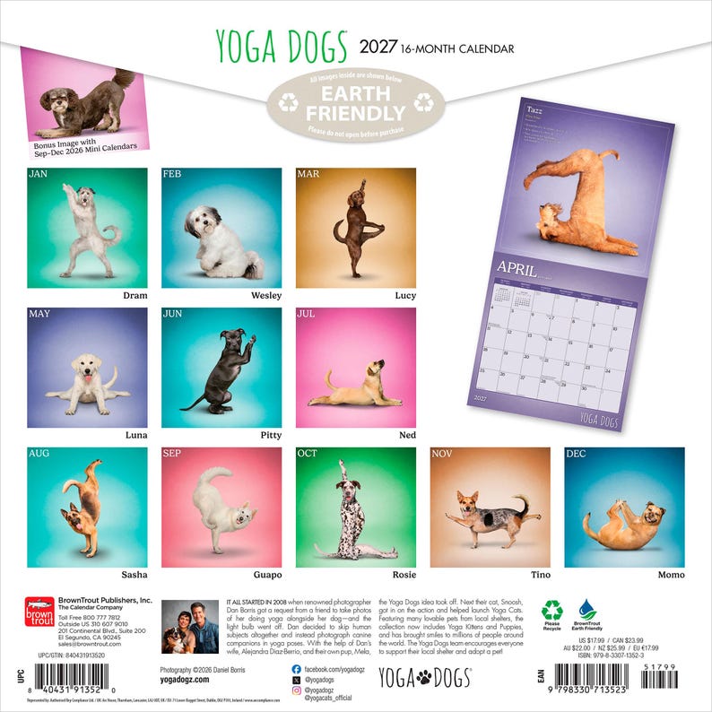 Puede incluir: Calendario Yoga Dogs 2027 de 16 meses, con perros en posturas de yoga. Cada mes muestra un perro diferente, con una imagen extra para septiembre-diciembre 2026. El calendario es ecol&oacute;gico y presenta el logo de Yoga Dogs.