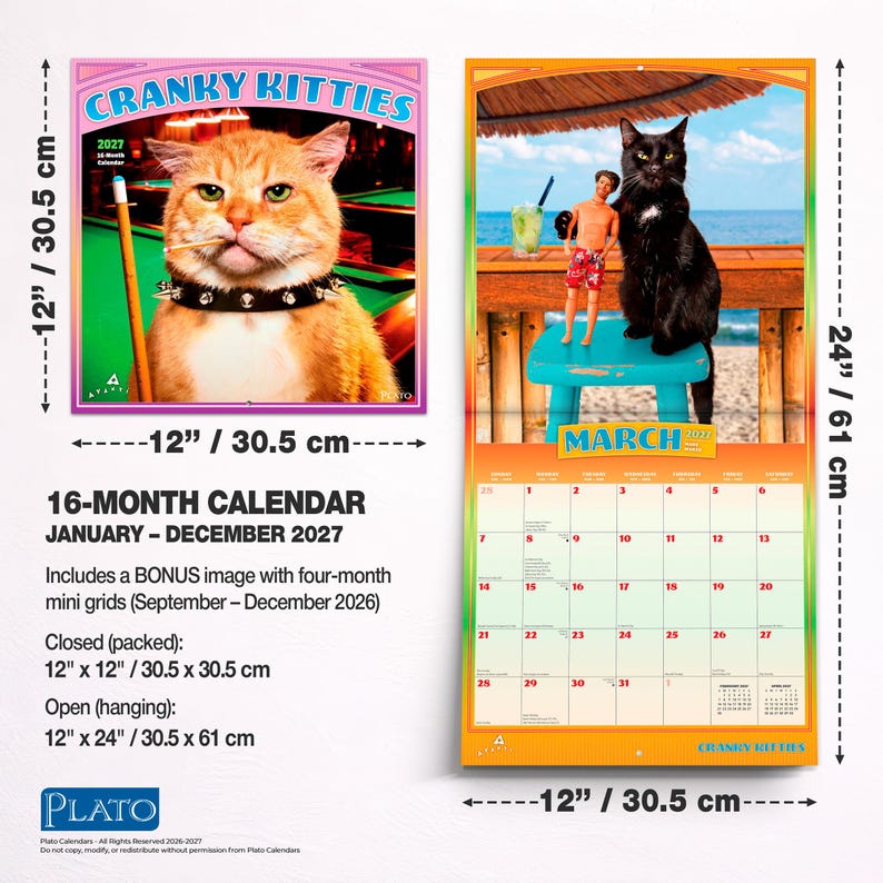 Pode incluir: Um calend&aacute;rio Cranky Kitties de 16 meses para 2027, medindo 30,5 cm por 30,5 cm fechado e 30,5 cm por 61 cm aberto. A capa mostra um gato laranja com coleira de espinhos e um taco de bilhar. A p&aacute;gina de mar&ccedil;o mostra um gato preto e um boneco.