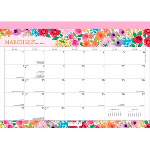 K&ouml;nnte beinhalten: Ein Wandkalender f&uuml;r M&auml;rz 2027 mit einem lebendigen Blumenrand aus rosa, roten, orangefarbenen, violetten und blauen Bl&uuml;ten oben und unten. Das Raster zeigt die Wochentage, Daten sowie kleine Referenzkalender f&uuml;r Februar und April 2027.