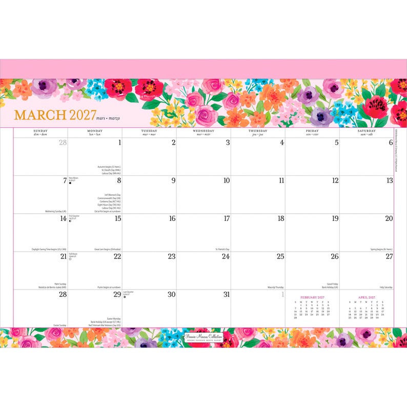 K&ouml;nnte beinhalten: Ein Wandkalender f&uuml;r M&auml;rz 2027 mit einem lebendigen Blumenrand aus rosa, roten, orangefarbenen, violetten und blauen Bl&uuml;ten oben und unten. Das Raster zeigt die Wochentage, Daten sowie kleine Referenzkalender f&uuml;r Februar und April 2027.