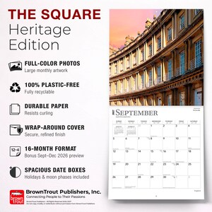 May include: A 2027 wall calendar titled The Square Heritage Edition featuring a curved stone building with columns under a sunset sky. The calendar includes a 16-month format, plastic-free paper, a wrap-around cover, and spacious date boxes for September.