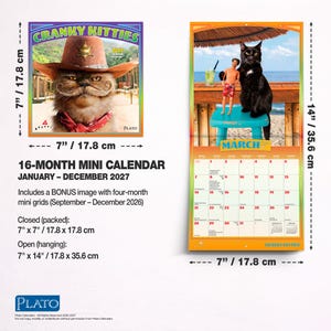 Pu&ograve; includere: Un mini calendario di 16 mesi intitolato Cranky Kitties per il 2027. Il calendario chiuso misura 17,8 cm per 17,8 cm, mentre quello aperto misura 17,8 cm per 35,6 cm. Presenta un gatto con cappello da cowboy e una pagina di marzo con gatto.