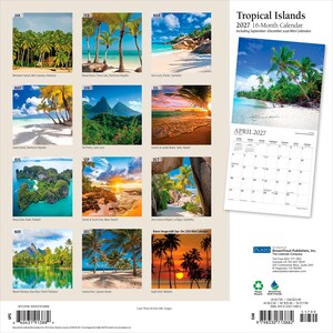 May include: A 2027 16-month wall calendar titled Tropical Islands, featuring twelve monthly grid pages and a cover image of a beach. The calendar displays various tropical landscapes, including palm trees, sandy shores, and sunsets, with a monthly view for April 2027 shown on the right side.