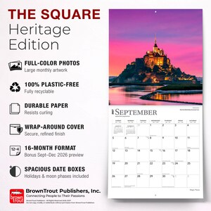 May include: A 2027 wall calendar titled The Square Heritage Edition featuring a full-color photograph of Mont Saint-Michel at sunset. The calendar includes a 16-month format, durable paper, a wrap-around cover, and spacious date boxes for September.