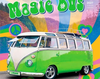 Magic Bus | 2027 12 x 24 Inch (Hanging) Monthly Square Wall Calendar | Plastic-Free | Motor Club | Hippy Volkswagen