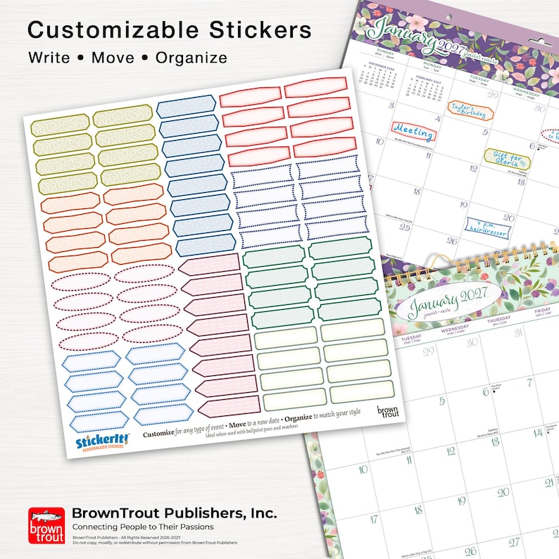 May include: A sheet of customisable stickers featuring various shapes and colours, including rectangular, oval, and arrow-like designs. The sheet includes the text Customisable Stickers, Write, Move, Organise, and Stickerit, alongside two 2027 wall calendars.