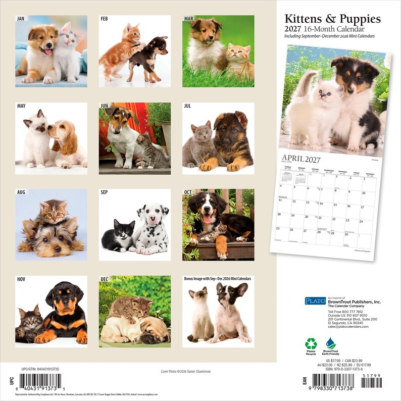 Peut inclure: Un calendrier mural 2027 de 16 mois Kittens & Puppies pr&eacute;sentant douze images mensuelles de divers chatons et chiots interagissant. La couverture arri&egrave;re affiche un aper&ccedil;u de la page d'avril 2027, des informations sur l'&eacute;diteur et un code-barres.