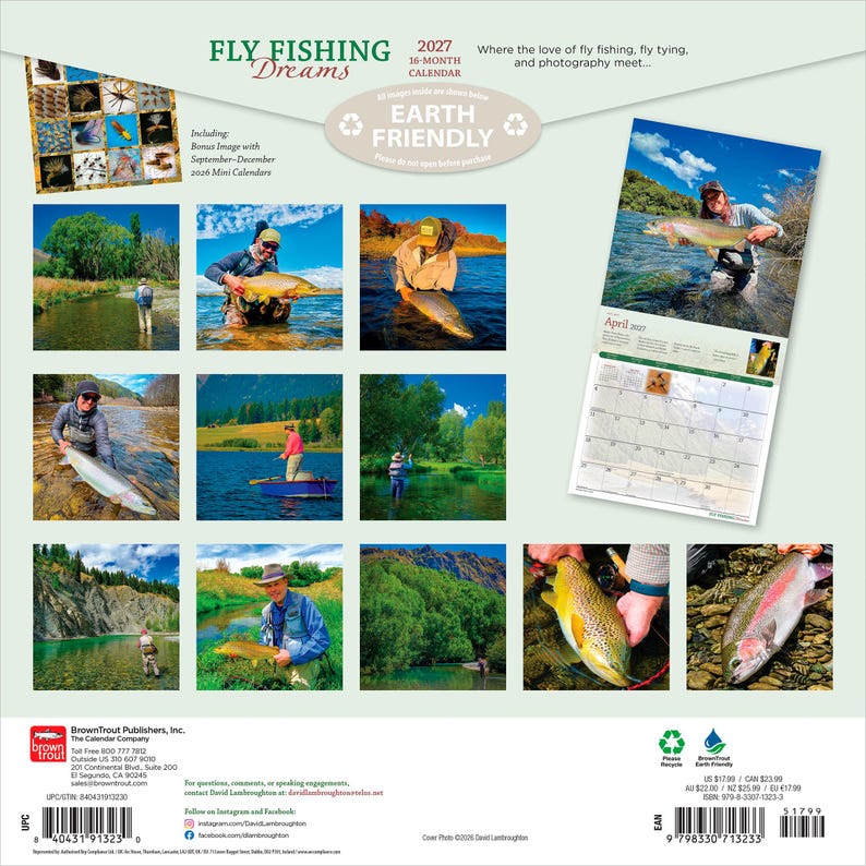 Puede incluir: El calendario de 16 meses Fly Fishing Dreams 2027 presenta una colecci&oacute;n de fotograf&iacute;as al aire libre que muestran a pescadores en r&iacute;os y lagos. La contraportada muestra doce im&aacute;genes peque&ntilde;as de escenas de pesca y una p&aacute;gina completa.