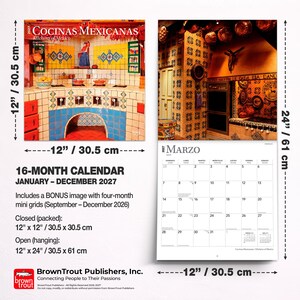 May include: A 2027 16-month wall calendar titled Cocinas Mexicanas featuring colorful kitchen photography. The calendar measures 12 inches by 12 inches closed and 12 inches by 24 inches open, including a March 2027 grid with dates and days of the week.
