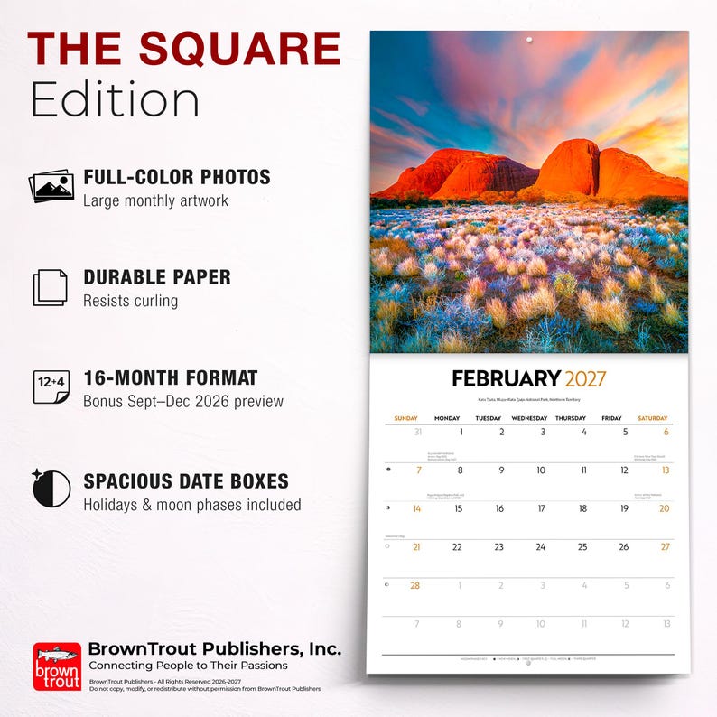 May include: A square wall calendar titled THE SQUARE Edition featuring a photograph of red rock formations under a colorful sunset sky. The calendar page shows February 2027 with a grid of dates, moon phases, and holidays on white paper.
