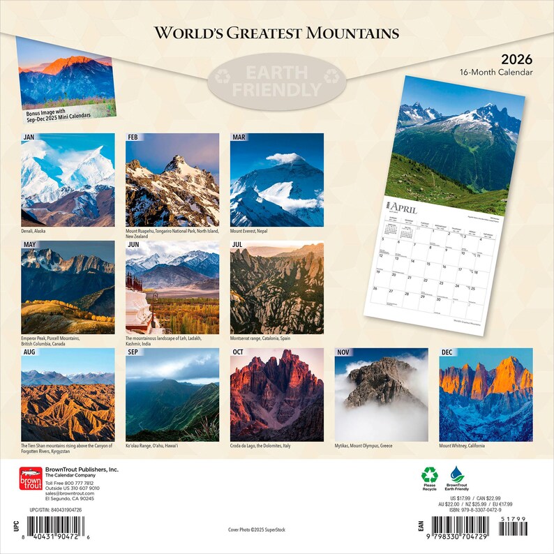May include: A 2026 16-month calendar featuring stunning photographs of the world's greatest mountains. The calendar includes images of Denali, Mount Everest, and Mount Whitney. The calendar is earth-friendly.