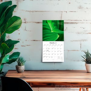 May include: A wall calendar for March 2027 featuring a top image of vibrant green palm leaves. The calendar grid displays the days of the month in black text on a white background, with a small preview of the following month in the bottom right corner.