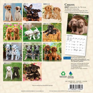 May include: A 2027 16-month calendar titled Chiots featuring various puppy breeds in monthly photos. The back cover displays a grid of images for each month, a sample April calendar page, publisher information, and a barcode at the bottom.
