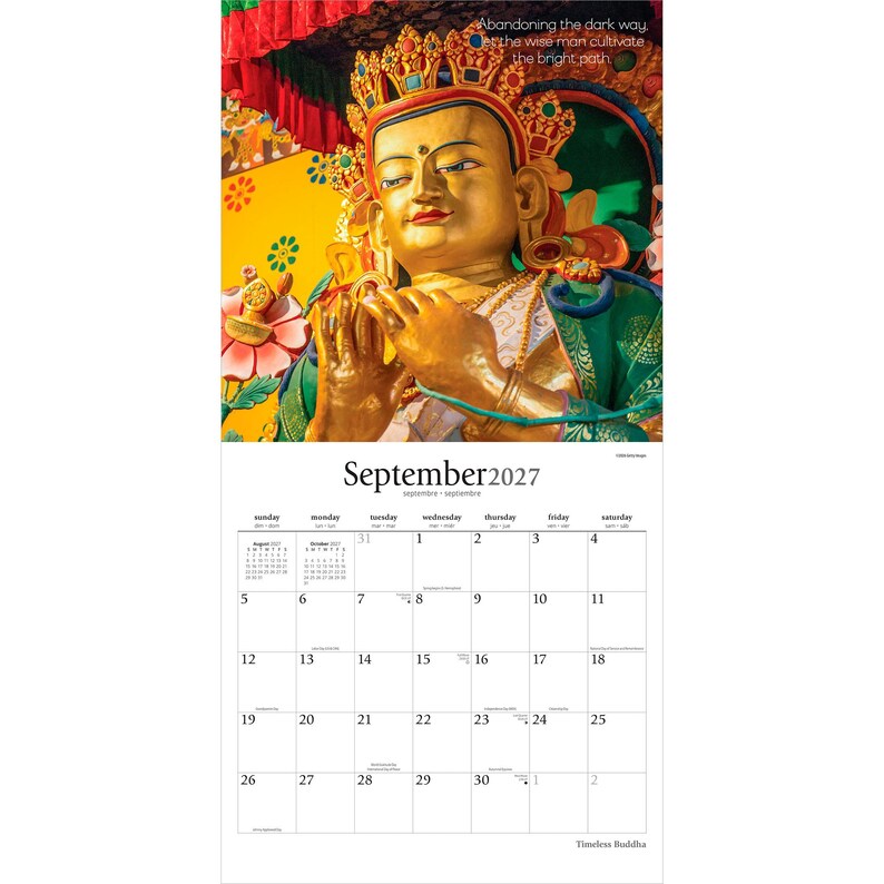 May include: A wall calendar for September 2027 featuring a golden Buddha statue with an ornate crown and green robes. The text reads: Abandoning the dark way, let the wise man cultivate the bright path. The calendar grid shows dates for the month.