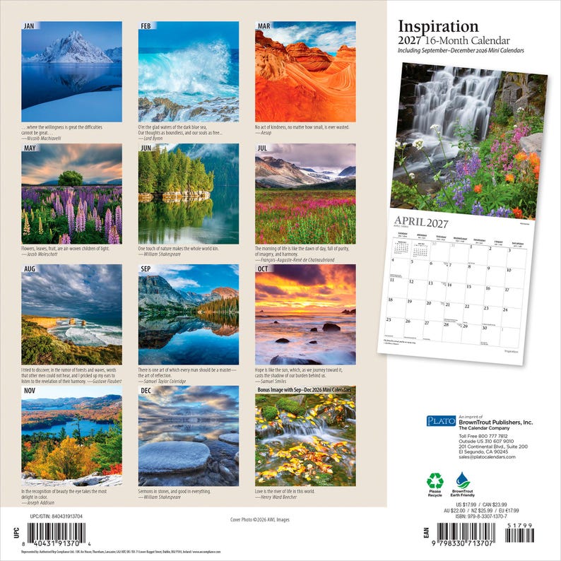 Op de afbeelding: Een 16-maanden wandkalender voor 2027 genaamd Inspiration, met twaalf maandelijkse landschapsfoto's van natuursc&egrave;nes, waaronder bergen, oceanen en bossen, met een aparte kalenderpagina voor april 2027 aan de rechterkant.