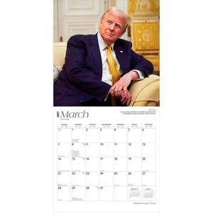 Puede incluir: Un calendario de marzo de 2021 con un retrato de un hombre con un traje azul marino y una corbata amarilla. El calendario tiene un fondo blanco con texto y fechas en negro. El hombre est&aacute; sentado en una silla beige.