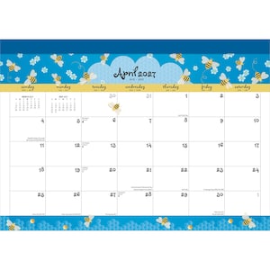 May include: A wall calendar for April 2027, with a blue and yellow bee theme. The calendar displays a grid layout with dates and days of the week, and decorative bees and flowers.