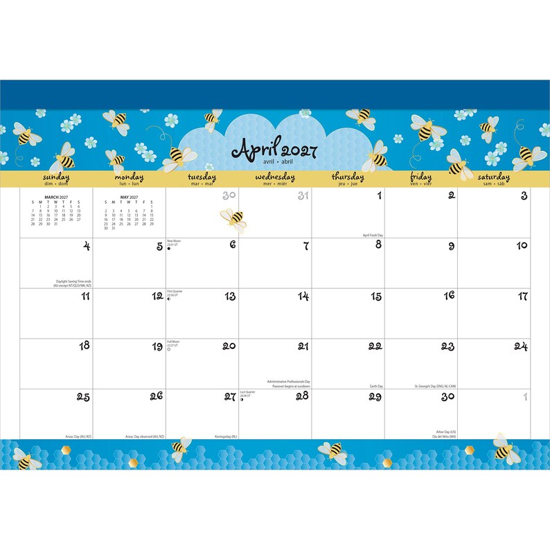 May include: A wall calendar for April 2027, with a blue and yellow bee theme. The calendar displays a grid layout with dates and days of the week, and decorative bees and flowers.