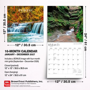 May include: A 16-month wall calendar titled Wild & Scenic Indiana for 2027, featuring landscape photography of waterfalls and rocky gorges. It measures 12 inches by 12 inches closed and 12 inches by 24 inches open, including a March 2027 grid page.
