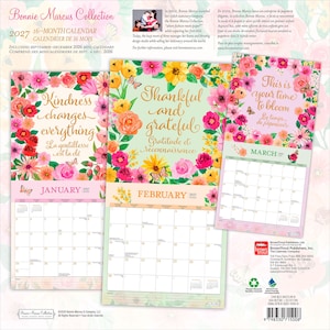 K&ouml;nnte beinhalten: Ein 16-monatiger Wandkalender f&uuml;r 2027 aus der Bonnie Marcus Collection mit Blumenillustrationen und inspirierenden Zitaten. Die Seiten zeigen Januar, Februar und M&auml;rz mit Rasterlayouts, bunten Blumenr&auml;ndern und Schmetterlingen.