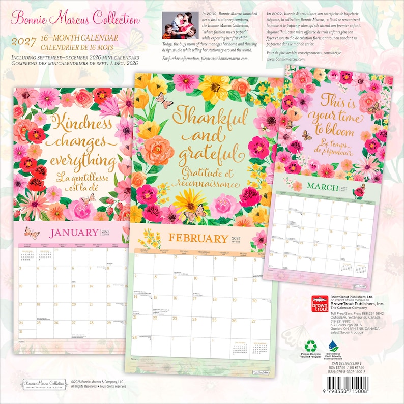 K&ouml;nnte beinhalten: Ein 16-monatiger Wandkalender f&uuml;r 2027 aus der Bonnie Marcus Collection mit Blumenillustrationen und inspirierenden Zitaten. Die Seiten zeigen Januar, Februar und M&auml;rz mit Rasterlayouts, bunten Blumenr&auml;ndern und Schmetterlingen.
