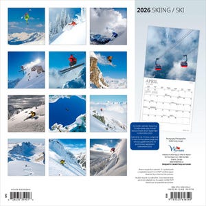Peut inclure: Calendrier de ski 2026 avec des images de skieurs en action dans des montagnes enneig&eacute;es. Le calendrier comprend une vue mensuelle pour avril et est imprim&eacute; sur du papier recycl&eacute;. La couverture affiche le texte "2026 SKIING / SKI".