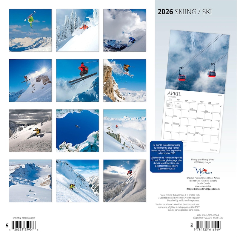 Peut inclure: Calendrier de ski 2026 avec des images de skieurs en action dans des montagnes enneig&eacute;es. Le calendrier comprend une vue mensuelle pour avril et est imprim&eacute; sur du papier recycl&eacute;. La couverture affiche le texte "2026 SKIING / SKI".