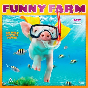 K&ouml;nnte beinhalten: Ein Kalender 2027 mit dem Titel "Funny Farm" zeigt ein Schwein mit Schnorchel und Tauchmaske, das unter Wasser mit Fischen schwimmt. Der Kalender hat einen gelben Rand und den Text "Go Wild Off The Farm!"