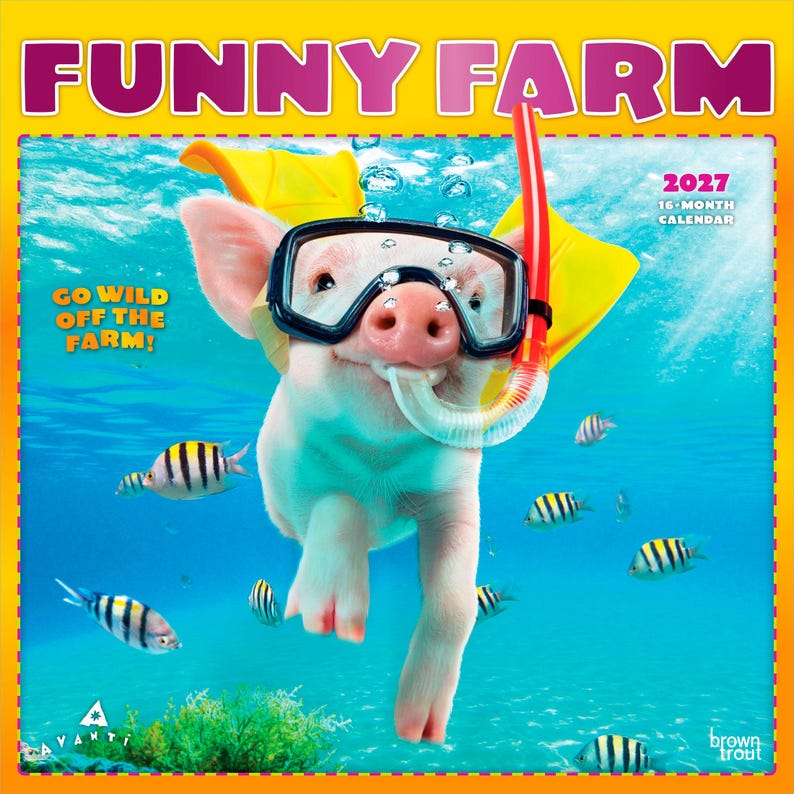 K&ouml;nnte beinhalten: Ein Kalender 2027 mit dem Titel "Funny Farm" zeigt ein Schwein mit Schnorchel und Tauchmaske, das unter Wasser mit Fischen schwimmt. Der Kalender hat einen gelben Rand und den Text "Go Wild Off The Farm!"
