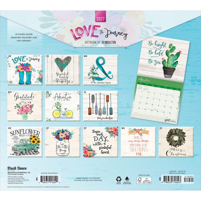 May include: A 2027 wall calendar titled Love the Journey with artwork by Jo Moulton. It features twelve monthly pages with floral, rustic, and inspirational designs, including a cactus, bicycle, and truck, plus a grid for scheduling dates.