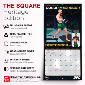 May include: A 2027 wall calendar featuring Conor McGregor in a fighting stance on the September page. The calendar includes a 16-month format, full-color photos, durable paper, and a wrap-around cover. The design highlights UFC branding.