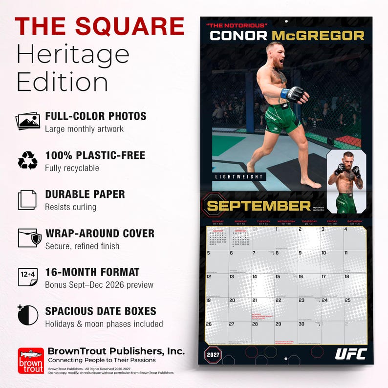 May include: A 2027 wall calendar featuring Conor McGregor in a fighting stance on the September page. The calendar includes a 16-month format, full-color photos, durable paper, and a wrap-around cover. The design highlights UFC branding.