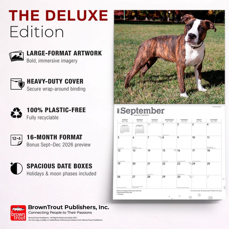 Op de afbeelding: Een wandkalender voor 2027 getiteld The Deluxe Edition met een gestroomde en witte pitbullterri&euml;r op de septemberpagina. De kalender bevat een 16-maandenformaat, grootformaat illustraties, een stevige kaft en ruime datumvakken met feestdagen.