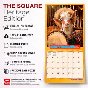 K&ouml;nnte beinhalten: Ein Wandkalender 2027 mit einer Ziege mit Sonnenbrille und Strohhut, die Banjo spielt. Der Kalender hat einen gelben Rand und enth&auml;lt den Monat September. Der Kalender stammt von Funny Farm.