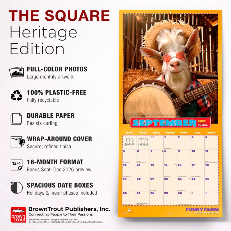 K&ouml;nnte beinhalten: Ein Wandkalender 2027 mit einer Ziege mit Sonnenbrille und Strohhut, die Banjo spielt. Der Kalender hat einen gelben Rand und enth&auml;lt den Monat September. Der Kalender stammt von Funny Farm.