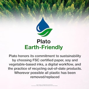 May include: A graphic featuring a blue water drop and green leaf logo above the text Plato Earth-Friendly. Below, text details a commitment to FSC certified paper, soy and vegetable-based inks, digital workflows, and plastic reduction.