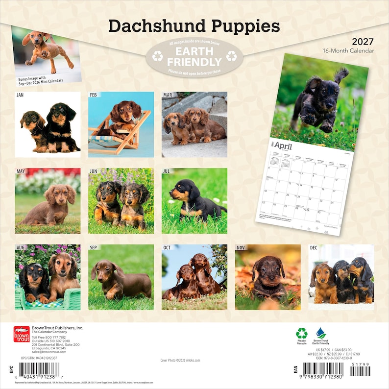 May include: A 2027 16-month wall calendar titled Dachshund Puppies featuring various photographs of dachshund puppies throughout the year. The back cover displays a grid of monthly images, a sample April calendar page, and publisher information.