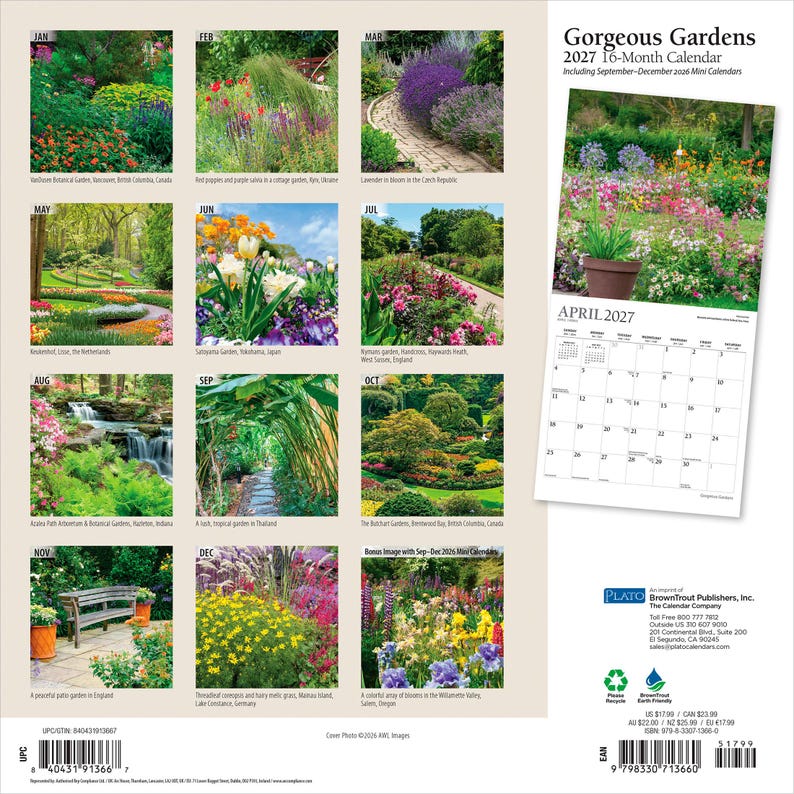 Gorgeous Gardens | 2027 12 x 24 Inch (Hanging) Monthly Square Wall Calendar | Foil Stamped Cover | Plato | Outdoor Home Country Nature image 2