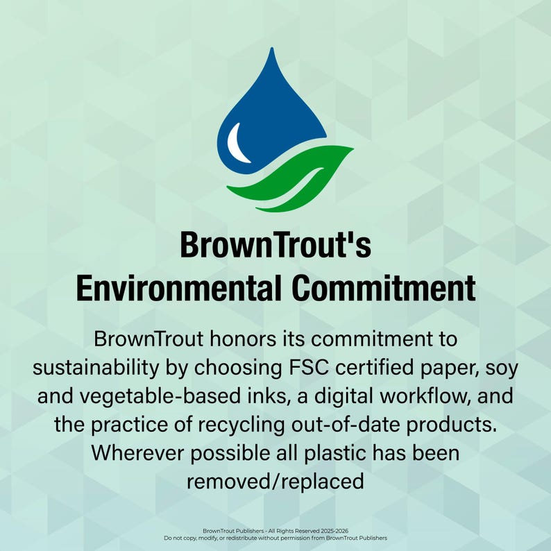 Puede incluir: Imagen con el texto "BrownTrout's Environmental Commitment." La imagen presenta una gota de agua azul con interior blanco y una hoja verde. El texto describe el compromiso de BrownTrout con la sostenibilidad a trav&eacute;s de pr&aacute;cticas ecol&oacute;gicas.
