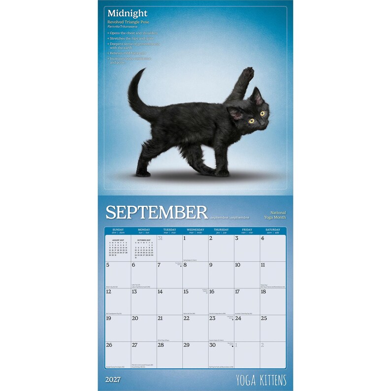 Puede incluir: Un calendario de pared de 2027 titulado Yoga Kittens que muestra un gatito negro en la postura del tri&aacute;ngulo en torsi&oacute;n para el mes de septiembre. El calendario muestra una cuadr&iacute;cula mensual con fechas, d&iacute;as y texto sobre la postura.