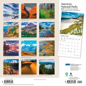 K&ouml;nnte beinhalten: Ein 16-monatiger Wandkalender f&uuml;r 2027 mit dem Titel America's National Parks, der zw&ouml;lf monatliche Landschaftsfotografien verschiedener US-Nationalparks zeigt, darunter schneebedeckte Gipfel, Schluchten, W&auml;lder und W&uuml;sten, sowie ein Kalenderblatt f&uuml;r April 2027.