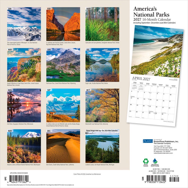K&ouml;nnte beinhalten: Ein 16-monatiger Wandkalender f&uuml;r 2027 mit dem Titel America's National Parks, der zw&ouml;lf monatliche Landschaftsfotografien verschiedener US-Nationalparks zeigt, darunter schneebedeckte Gipfel, Schluchten, W&auml;lder und W&uuml;sten, sowie ein Kalenderblatt f&uuml;r April 2027.